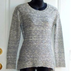 ONE A Silver Sequined Knit Pullover Crew Neck Sweater